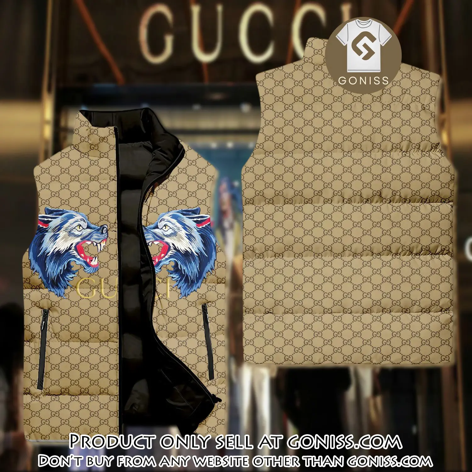 Gucci wolf yellow monogram luxury brand 3d sleeveless down jacket gn1012588